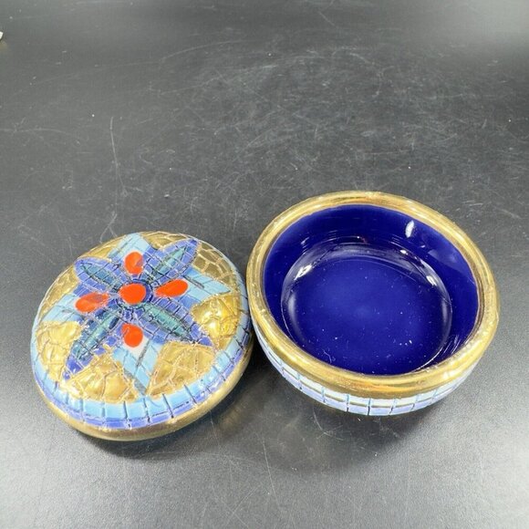 Signed Italian Round Hand Painted Trinket Dish W Lid Jewelry Holder Storage VTG - Picture 9 of 12